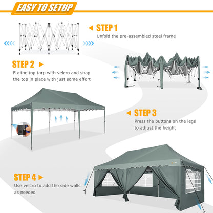 HOTEEL 10x20 Pop Up Canopy Tent with 6 Sidewalls, Waterproof UV50+ Outdoor Shelter for Parties and Events, Easy Setup with Wheeled Bag & 4 Weight Bags, Gray