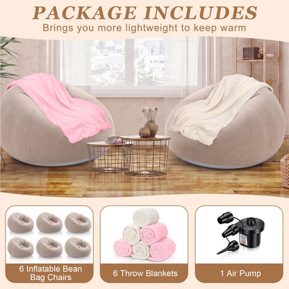 Huwena 12 Pcs Bean Bag Chair Set Include 6 Inflatable Bean Bag Chairs Blow up Sofa 6 Throw Blankets with Air Pump Inflatable Couch Lazy Sofas for Movie Night Camping Outdoor (Coffee)
