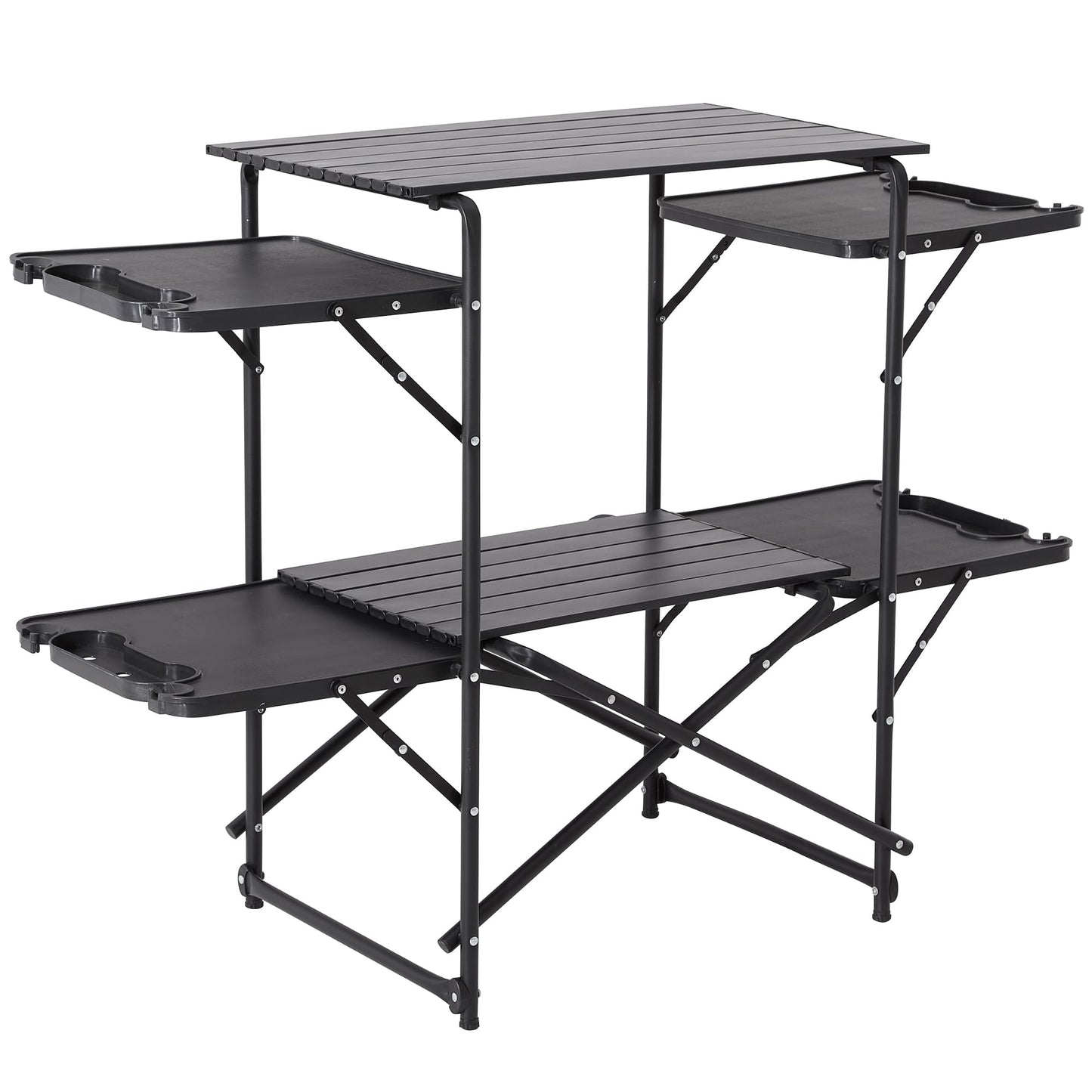 Foristrail Slim-Fold Camping Kitchen Table, Metal Folding Portable Outdoor Cook Station with 4 Side Tables, 2 Storage Shelves & Carrying Bag, Heat Resistant Quick Set-Up for Picnic BBQ