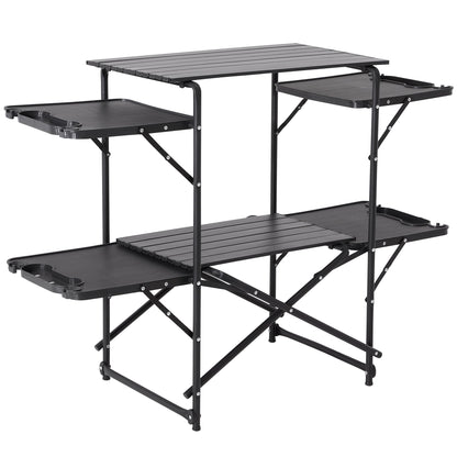 Foristrail Slim-Fold Camping Kitchen Table, Metal Folding Portable Outdoor Cook Station with 4 Side Tables, 2 Storage Shelves & Carrying Bag, Heat Resistant Quick Set-Up for Picnic BBQ