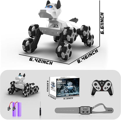 Remote Control Robot Dog Toy 2.4GHz 8WD All-Terrain Gesture Sensing Stunt RC Cars RTR Climbing Robot Dogs with Music Light Eyes 2 Rechargeable Batteries for 8-12 Boys Girl Kids