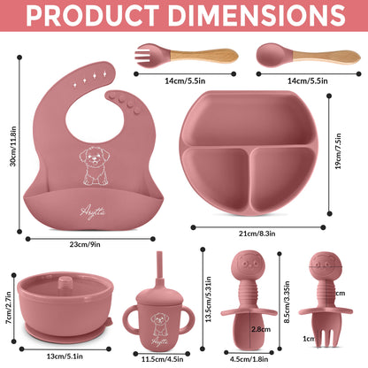 ASYTTA Silicone Baby Feeding Set – 6 Piece BPA-Free Baby Led Weaning Supplies – Toddler Eating Essentials with Baby Bib, Suction Plate, Suction Bowl, Sippy Cup, Forks, & Utensils | 6+ Months (Pink)