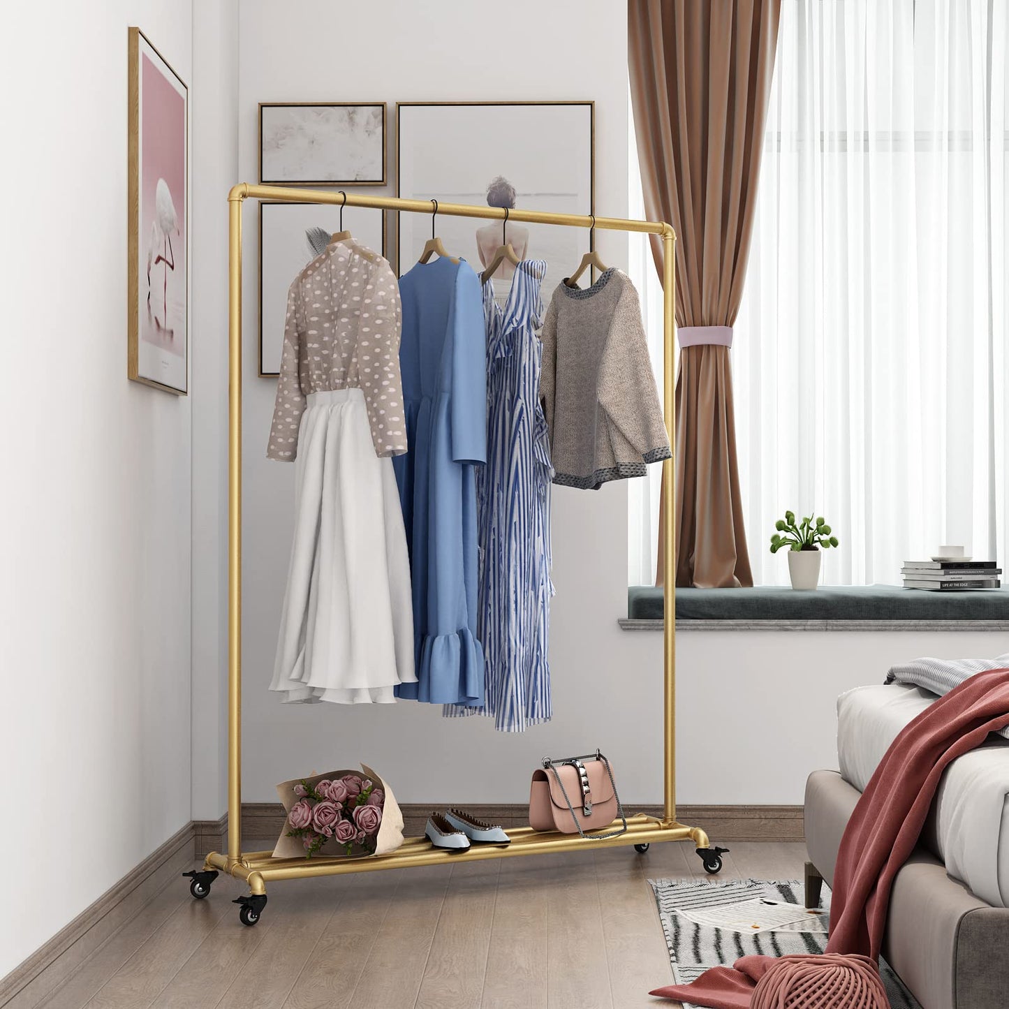 FONECHIN Industrial Gold Clothing Racks on Wheels, Boutique Display Gold Clothes Rack with Shelf, Rolling Garment Rack for Retail Use