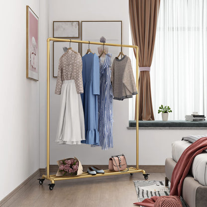 FONECHIN Industrial Gold Clothing Racks on Wheels, Boutique Display Gold Clothes Rack with Shelf, Rolling Garment Rack for Retail Use
