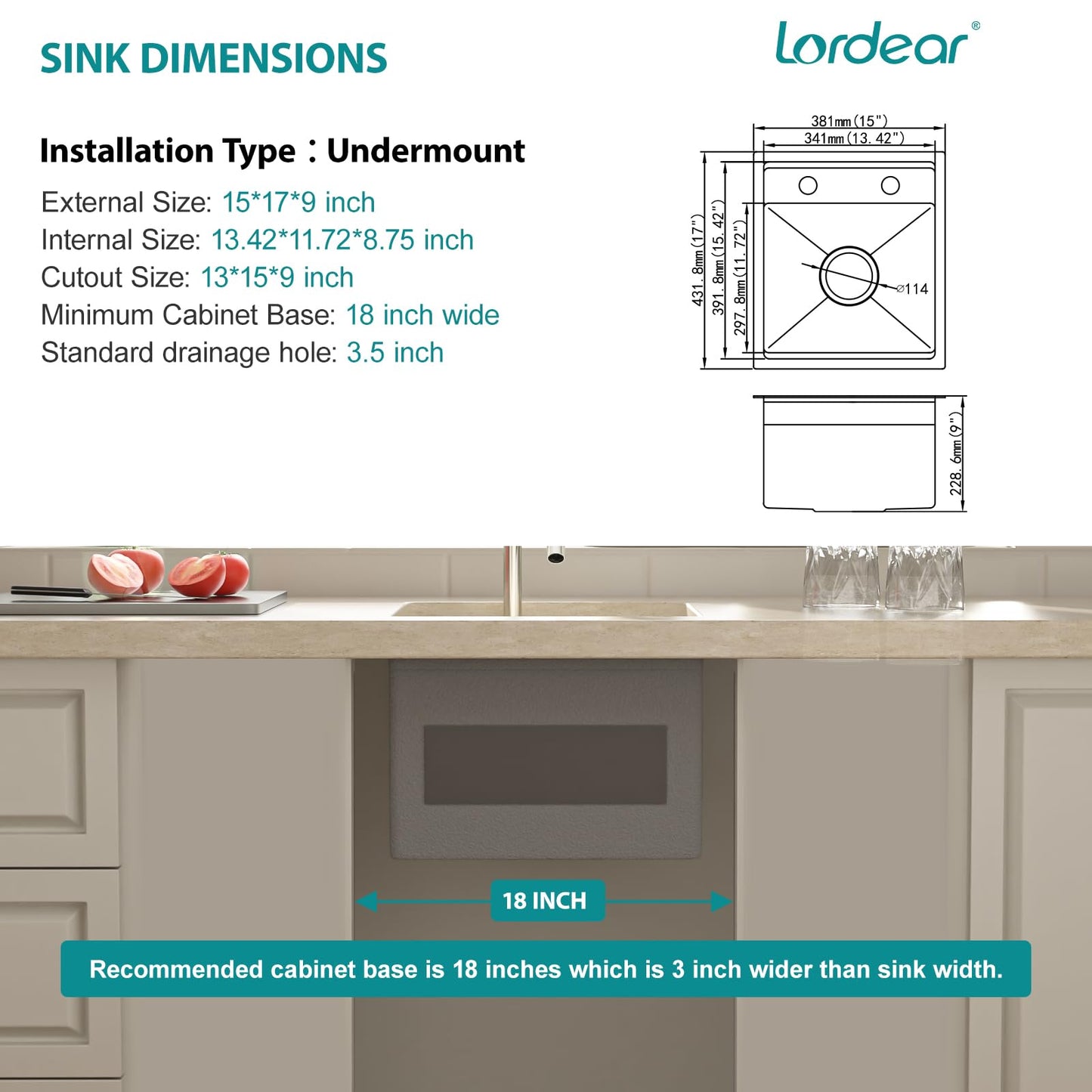 Lordear 15x17 Indoor Outdoor Kitchen Sink with Foldable Faucet Samll Bar Prep 16 Gauge T304 Stainless Steel Single Bowl Basin for Island Camper Wet Bar Prep Mobile Home