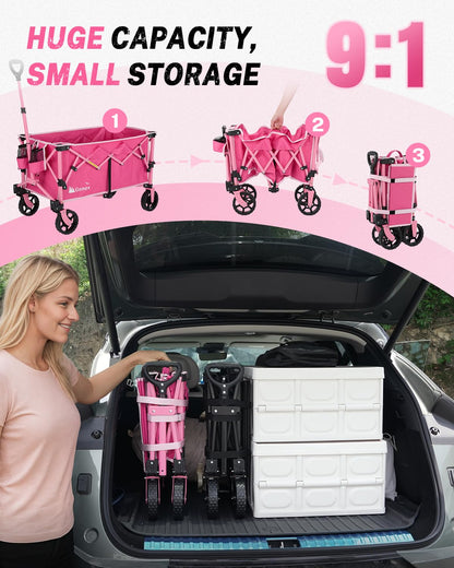 Gonex 38''L Collapsible Foldable Wagon Cart with 360lbs Weight Capacity,220L Folding Utility Garden Cart with Detachable Wheels for Grocery Sports Shopping Camping - Pink