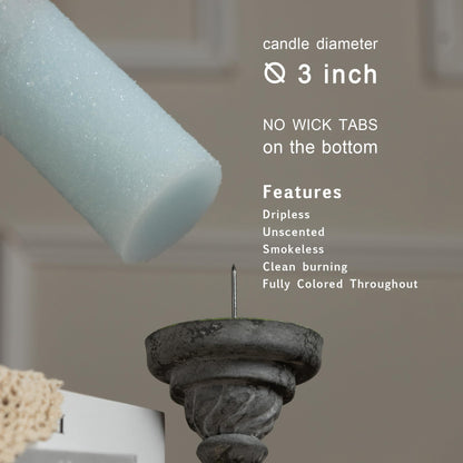 MOZEAL Hand-Poured Granular Texture Decorative Baby Blue Pillar Candles Set of 3 (3"x4", 5", 6"),Approx 300 Hours Burn Time Dripless, Unscented, Smokeless, Spring Party Decor Candle Lover Gift