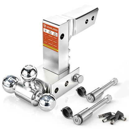 Adjustable Trailer Hitch Fits 2 Inch Receiver 12,500Lbs for Heavy Duty Truck RV with Tri-Ball (1-7/8", 2", 2-5/16") Stainless Steel 6-Inch Drop/Rise Aluminum Towing Ball Mounts (Silver)