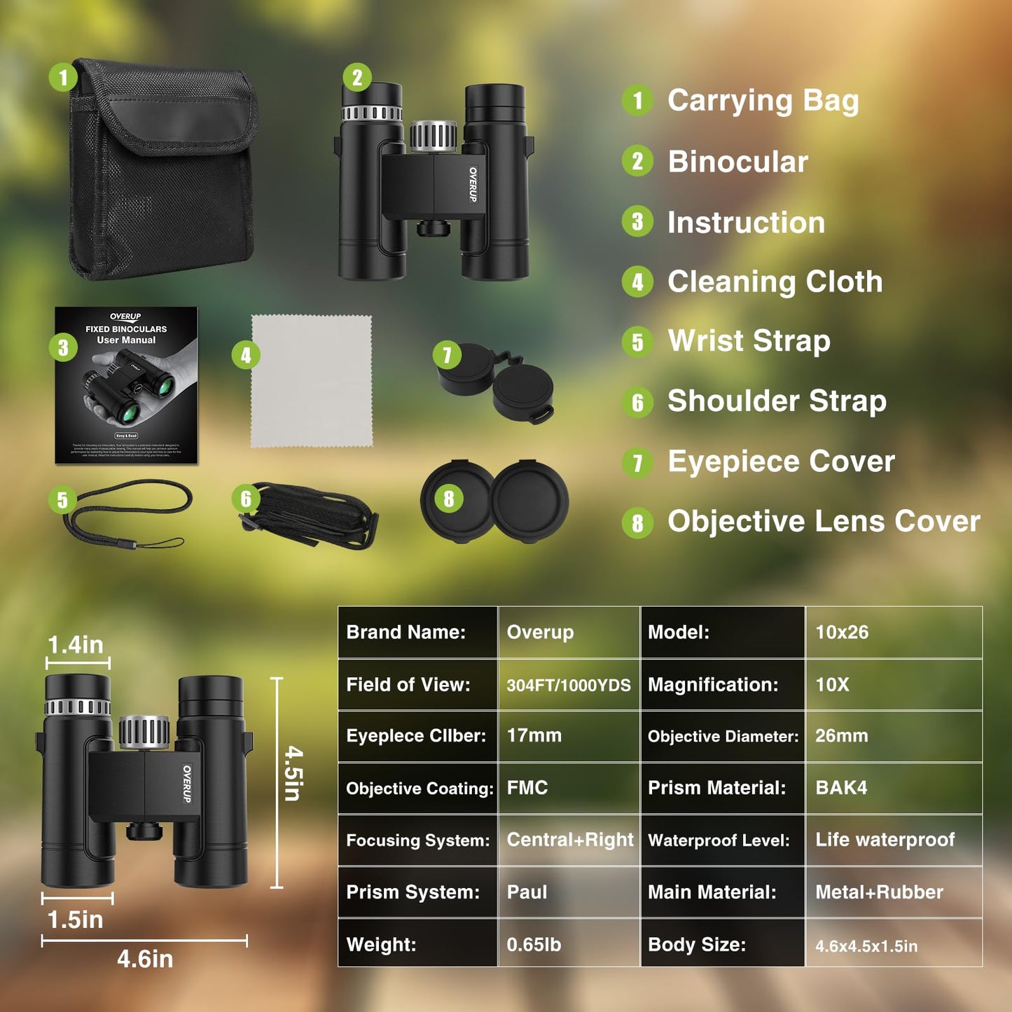 Compact Binoculars for Adults 10x26 High Powered, Pocket Binoculars for Bird Watching, Waterproof BAK4 FMC, Lightweight One-Handed Use