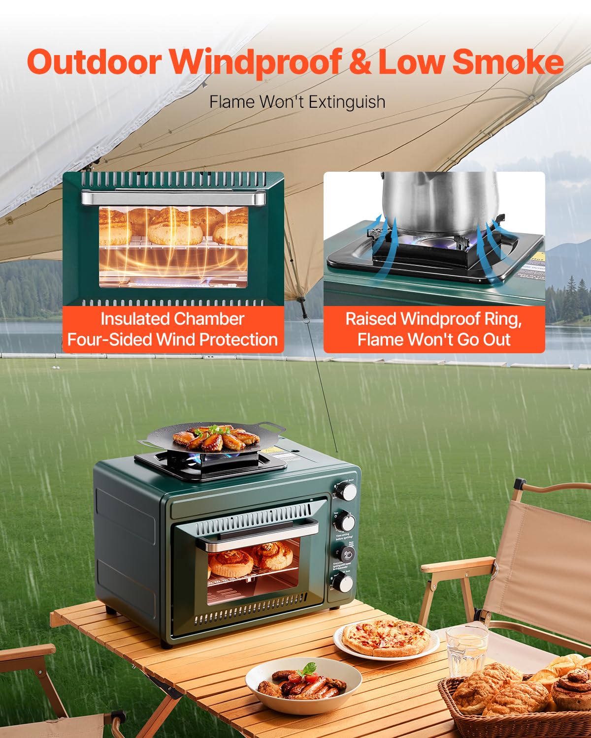 VEVOR Outdoor Camping Oven, 2-in-1 Portable Gas Camping Stove Oven Combo, Adjustable Fire, 60-Minute Timer, Windproof, for Camping Backyard Picnic Outdoor Cooking, Universal Butane Canister Compatible