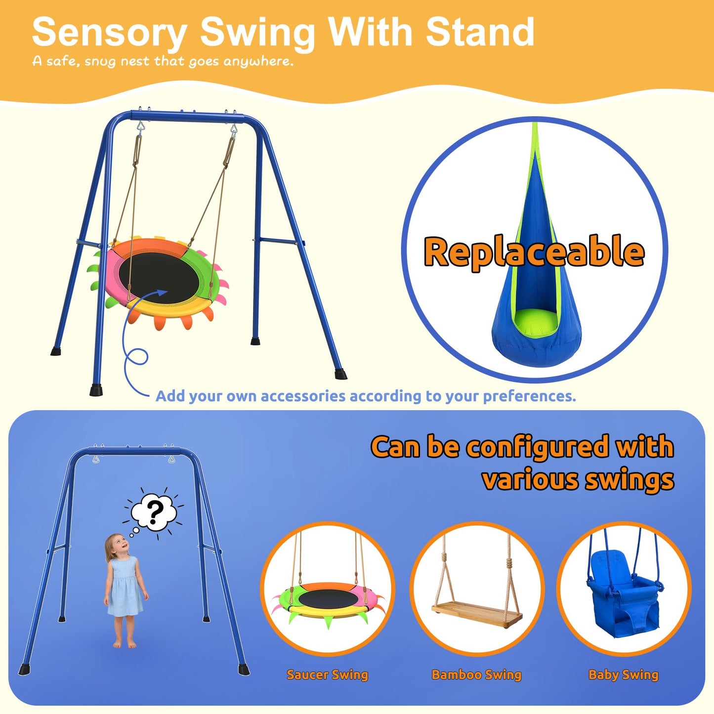 SMkidsport Heavy Duty Sensory Swing Frame for Kids - Indoor Outdoor Metal Stand with Cotton Pod Swing - 200LBS Capacity Blue Therapy Swing for Autism, ADHD, Special Needs - Easy Install ﻿