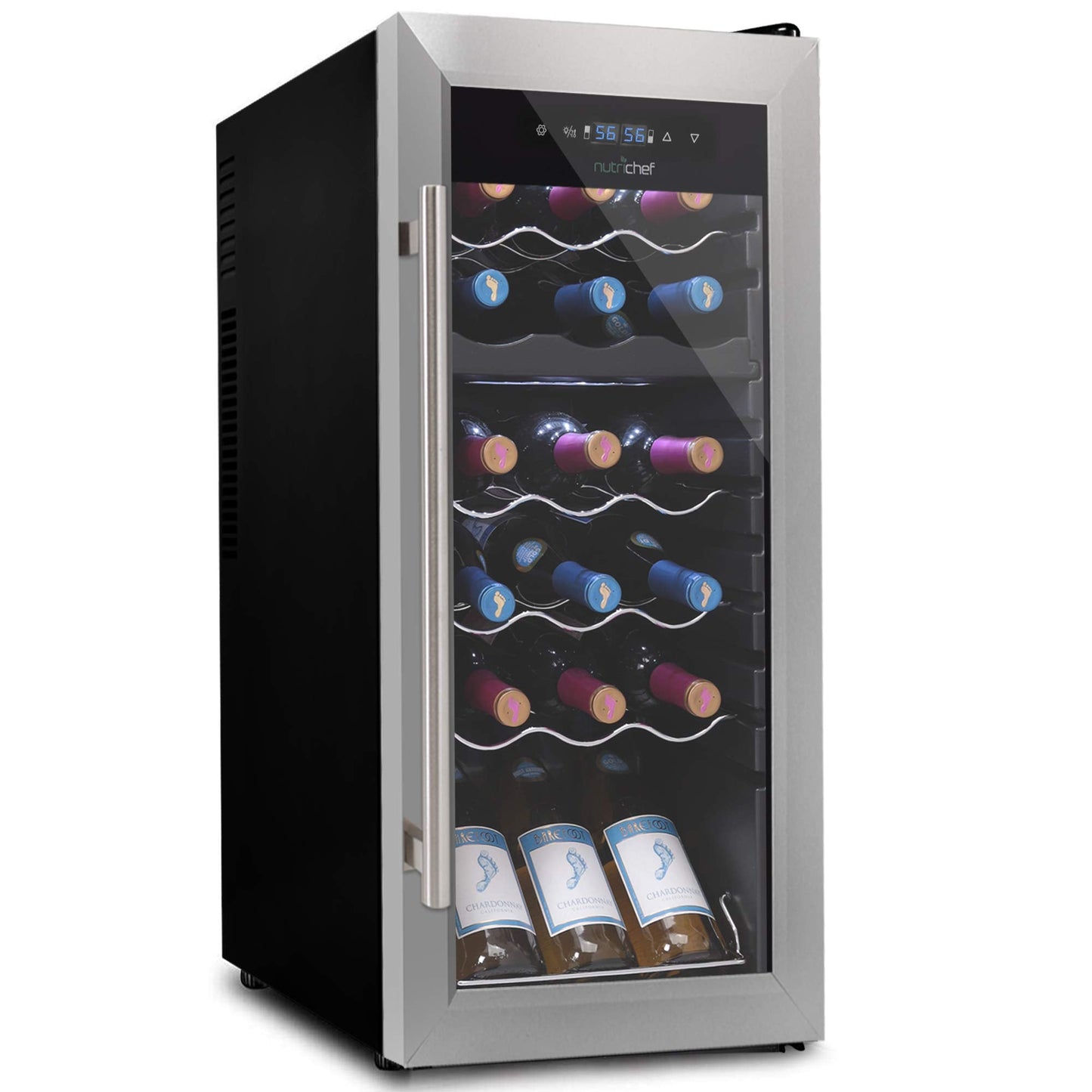 NutriChef 18 Bottle Wine Fridge | Dual Zone Wine Chiller | Adjustable Temperature 41°F to 64°F | Ultra Quiet Operation | Wine Cooler For Home & Office | Free Standing 32x13x19 IN | Black