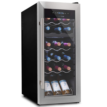 NutriChef 18 Bottle Wine Fridge | Dual Zone Wine Chiller | Adjustable Temperature 41°F to 64°F | Ultra Quiet Operation | Wine Cooler For Home & Office | Free Standing 32x13x19 IN | Black