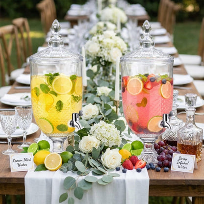 Bokon 2 Pieces 1.3 Gallon Drink Dispensers for Parties Crystal Iced Beverage Dispenser with Stand and Spigot, Glass Liquid Containers Wide Mouth Beverage Server for Juice Tea Wedding(Exquisite)