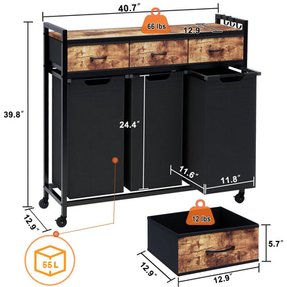 Timberer Laundry Hamper, Laundry Sorter 3 Section, Rolling Laundry Basket with Wheels, 3 Drawers, 3 × 14.5 Gal (55 L), Pull-Out and Removable Oxford Fabric Bags, Black and Rustic Brown