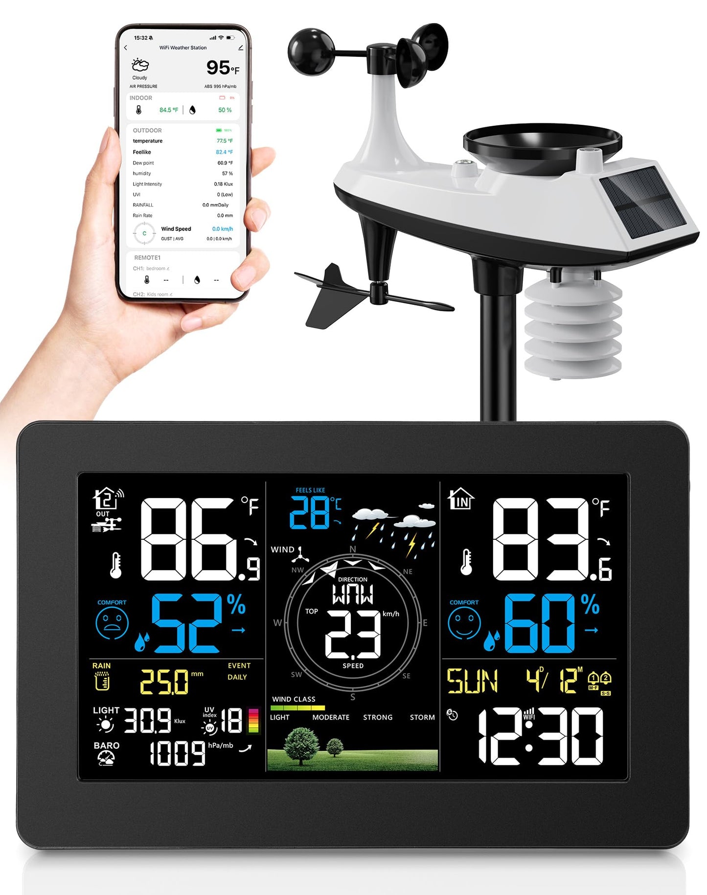 WiFi Weather Station Wireless Indoor Outdoor, Thermometer with Rain Gauge and Wind Speed/Direction, Large Display for Weather Forecast, Temperature, Humidity, Clock, Alarm, UV, Air Pressure, Black