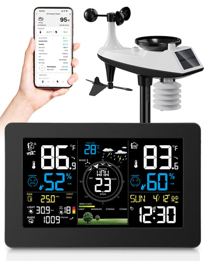 WiFi Weather Station Wireless Indoor Outdoor, Thermometer with Rain Gauge and Wind Speed/Direction, Large Display for Weather Forecast, Temperature, Humidity, Clock, Alarm, UV, Air Pressure, Black