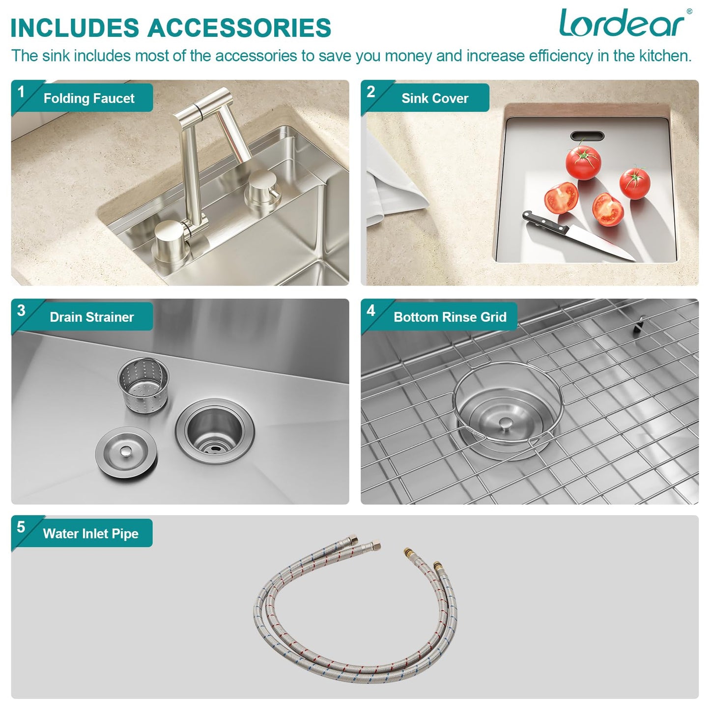 Lordear 15x17 Indoor Outdoor Kitchen Sink with Foldable Faucet Samll Bar Prep 16 Gauge T304 Stainless Steel Single Bowl Basin for Island Camper Wet Bar Prep Mobile Home