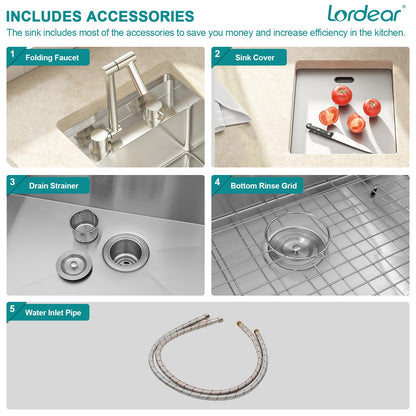 Lordear 15x17 Indoor Outdoor Kitchen Sink with Foldable Faucet Samll Bar Prep 16 Gauge T304 Stainless Steel Single Bowl Basin for Island Camper Wet Bar Prep Mobile Home
