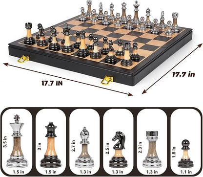 Luxury Large Metal &amp Acrylic Chess Set with Wooden Chess Board (17”) – Weighted Chess Pieces with 3.5” King Foldable Tournament Chess Set for Adults &amp Kids Professional Chess Game Set