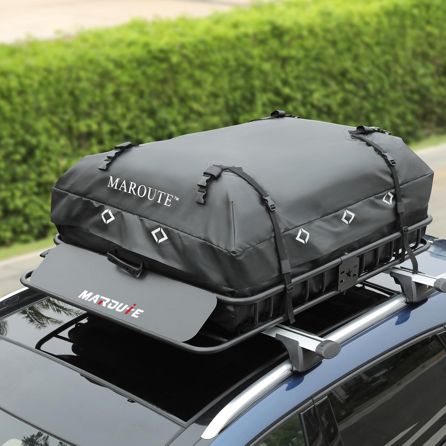 Garvee Roof Rack Cargo Basket with Waterproof Cargo Bag, 15 cu ft Rooftop Cargo Carrier, Heavy Duty Steel Car Roof Rack Carrier with Wind Fairing, Anti-Rust, U-Bolt Mount, for SUV Truck