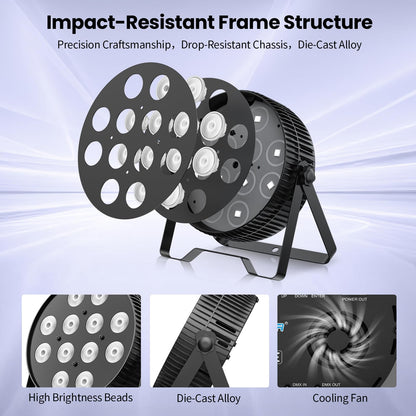 Betopper LED Stage Lights, 12X18W DJ Par Light, RGB+Lime+Amber+UV 6-in-1 Wash/Strobe Effect Stage Lighting, DMX512/Sound Activated Uplighting Lights for DJ, Parties, Concerts, Bars, 4-Pack