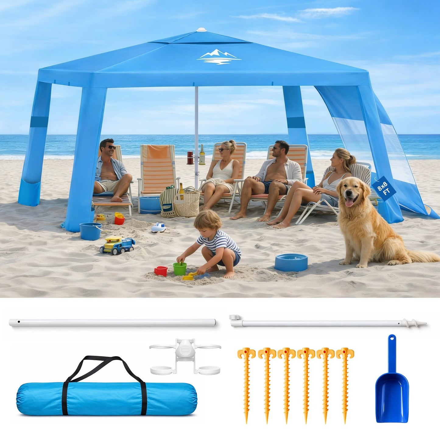 Purebox Beach Tent Shade Canopy - 8 * 8FT UPF50+ Beach Umbrella Sun Shelter 3Min Setup for 8 Person Cabana Tent with Sand Pockets Removable Side Walls Instant Sun Shade for Family, Camping, Fishing
