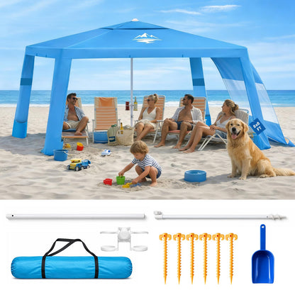 Purebox Beach Tent Shade Canopy - 8 * 8FT UPF50+ Beach Umbrella Sun Shelter 3Min Setup for 8 Person Cabana Tent with Sand Pockets Removable Side Walls Instant Sun Shade for Family, Camping, Fishing