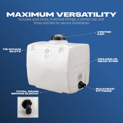 RTS Plastics Rotomolded Polyethylene PCO-30 Gallon Tank for Water and Non-Flammable Liquids with Molded Grad Strip and Siphon Elbow