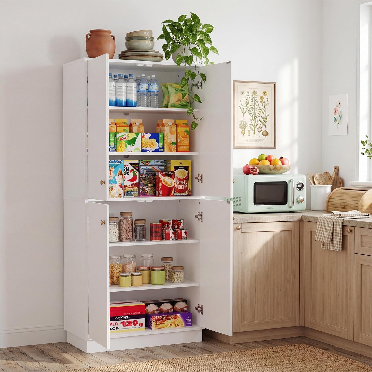 Garvee Kitchen Pantry Cabinet, 68'' Pantry Storage Cabinet with 4 Doors and 4 Adjustable Shelves, Wooden Freestanding Cupboard for Kitchen, Dining Room and Living Room and Bedroom, White