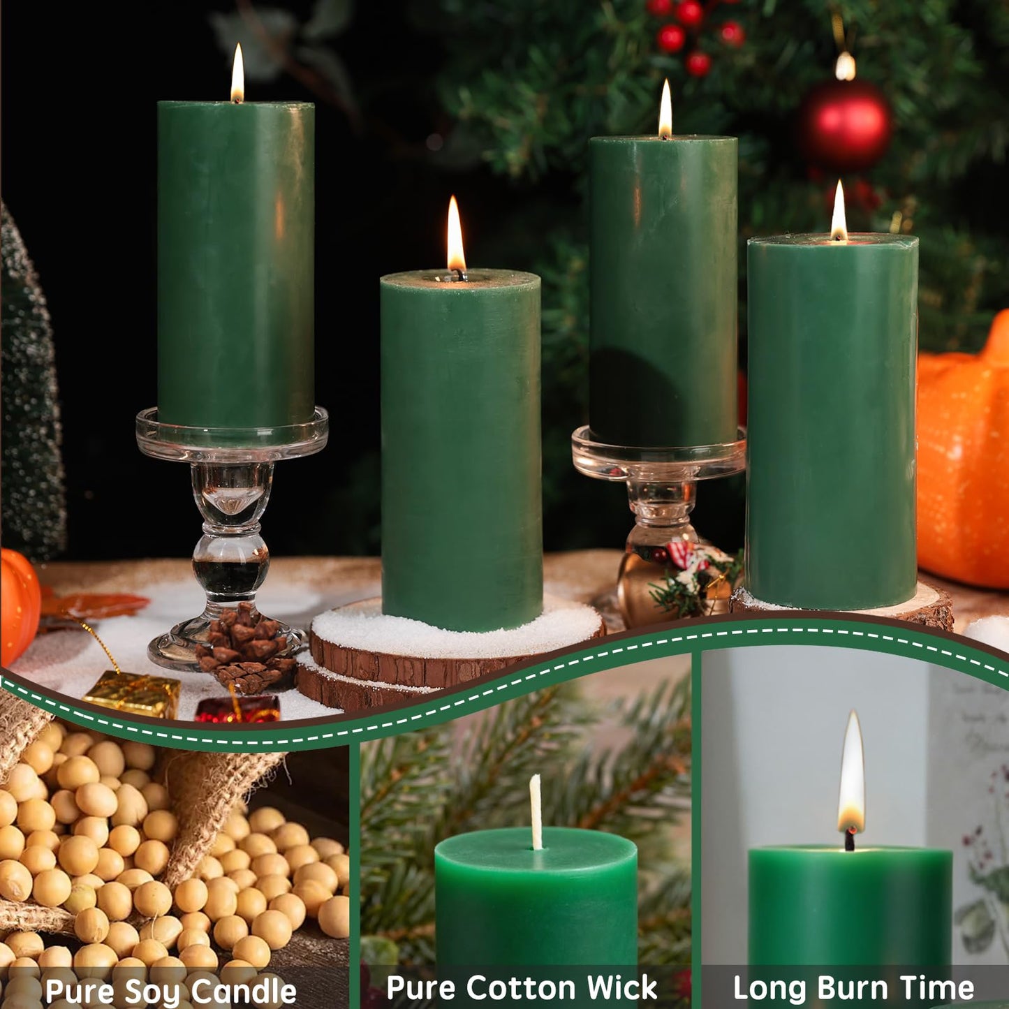 2.8x6 Inch Soy Pillar Candles 270 Hours Long Burning Natural Soy Wax Candles Smokeless Green Pillar Candles Dripless Handmade Pillar Candle for Home Wedding Table, 3 Pack
