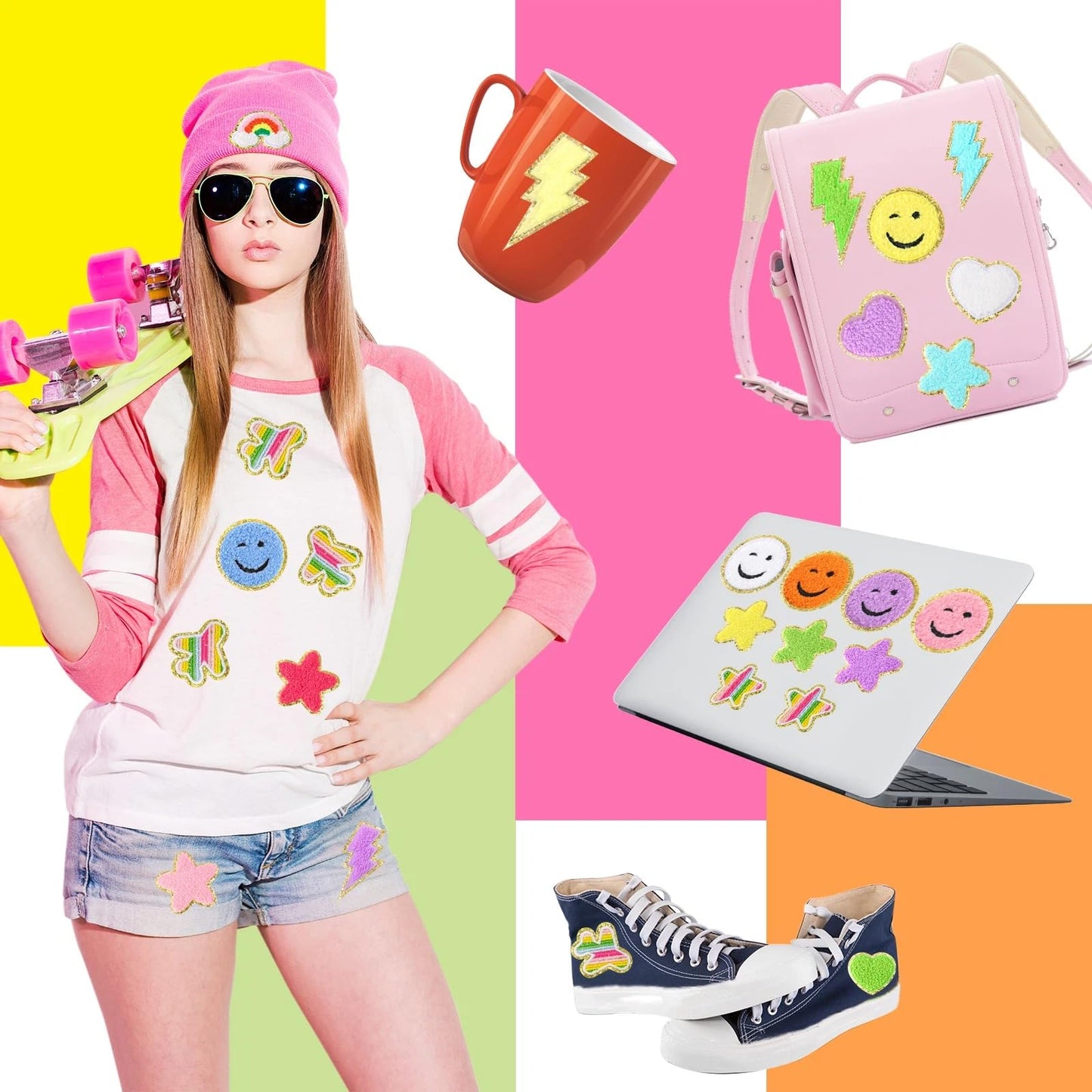 98 Pcs Self Adhesive Chenille Patches Cute Chenille Embroidered Patches Colorful Heart Lightning Rainbow Applique for Clothing Fabric Jackets DIY Mobile Phone Backpacks Hat