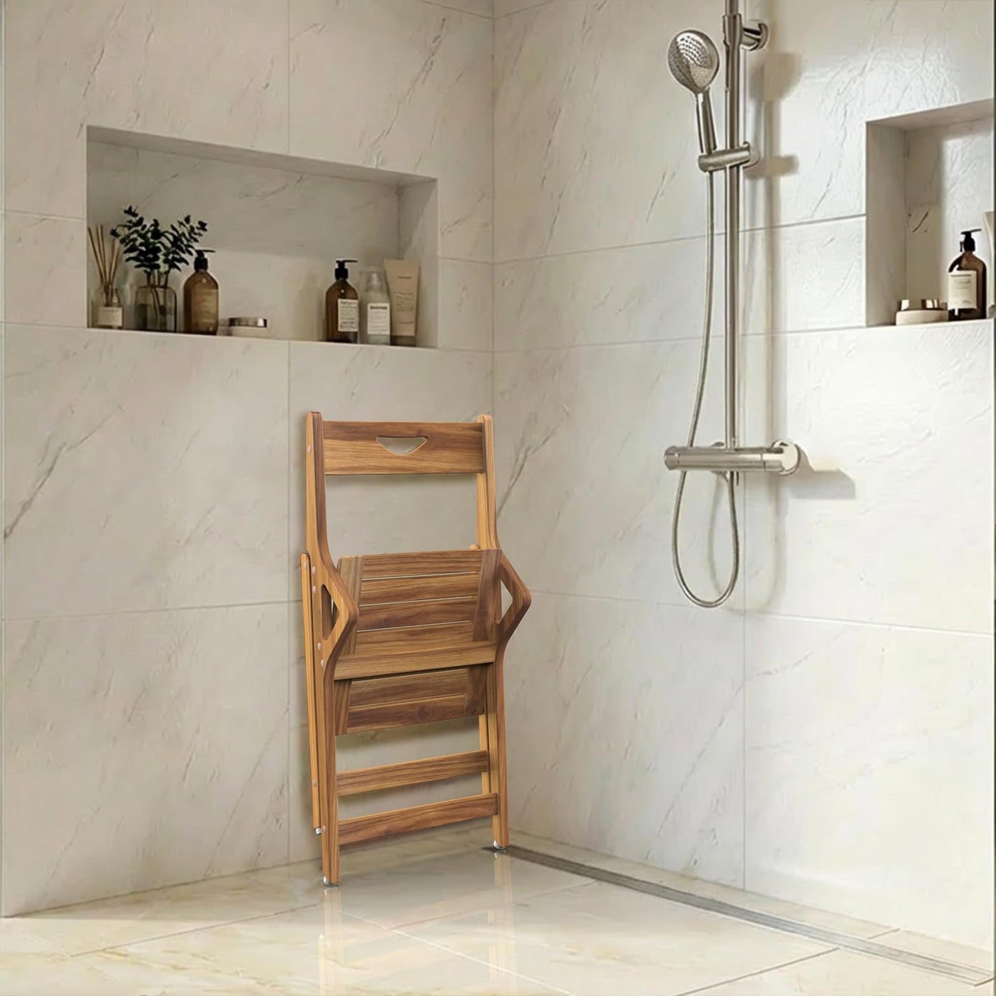 NNN Solid Teak Folding Shower Chair - Pivoting Backrest & Forward-Leaning Armrests for Easy Stand-Up, 350lb Capacity, Space-Saving Fold & Anti-Slip Feet for Elderly Bath Safety