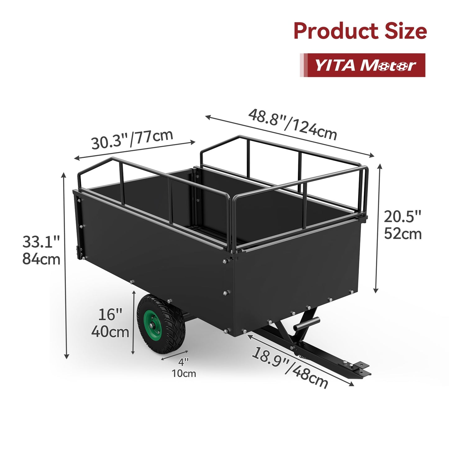 YITAMOTOR ATV Dump Trailer, Heavy Duty Tow Behind Dump Cart, Capacity 750lbs, 15 Cu.Ft., Yard Garden Utility Trailer for Pull Behind Lawn Mower Tractor, Alloy Steel Shelf & Extra 5" Height Guardrail