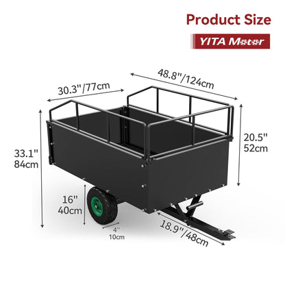 YITAMOTOR ATV Dump Trailer, Heavy Duty Tow Behind Dump Cart, Capacity 750lbs, 15 Cu.Ft., Yard Garden Utility Trailer for Pull Behind Lawn Mower Tractor, Alloy Steel Shelf & Extra 5" Height Guardrail