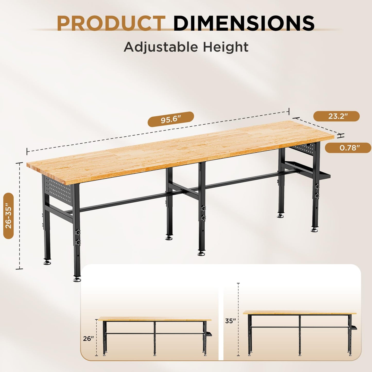 KEIKI 96 Inch Rolling Workbench with Wheels and Side Pegboard, Solid Wood Top Heavy Duty Steel Garage Work Table with Power Outlet and Storage Box, 2000 lbs Capacity, Adjustable Height, Black
