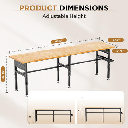 KEIKI 96 Inch Rolling Workbench with Wheels and Side Pegboard, Solid Wood Top Heavy Duty Steel Garage Work Table with Power Outlet and Storage Box, 2000 lbs Capacity, Adjustable Height, Black
