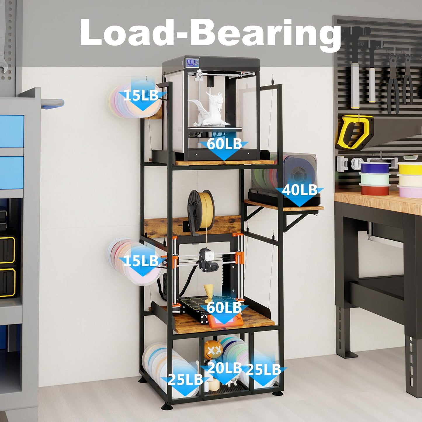 PUNCIA 3-Tier Foldable 3D Printer Stand with Filament Storage, Heavy Duty Rack for FDM SLA Resin 3D Printers and PLA ABS Materials Sturdy 3D Printing Table Perfect for Home Office Workshop Studio