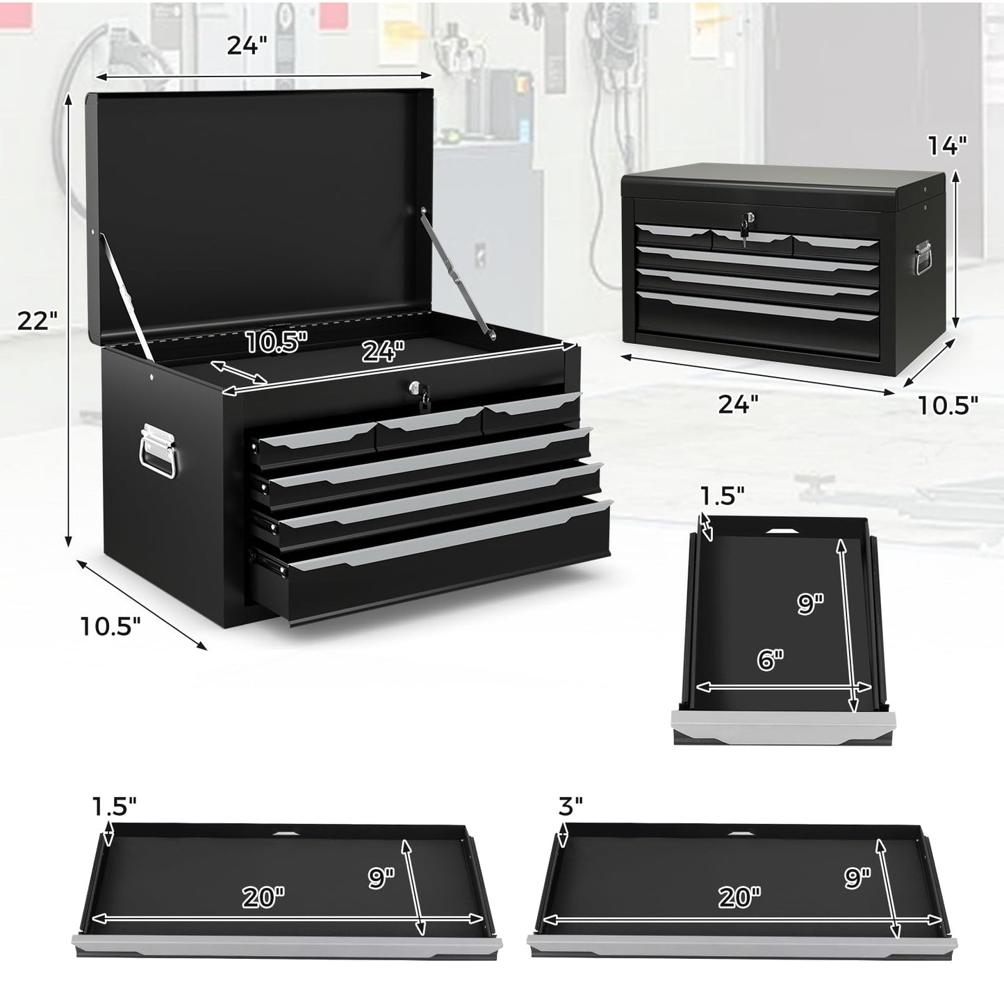 ERGOMASTER Steel Tool Box, 24'' Metal Tool Box with 6 Drawers, Lockable Heavy Duty Tool Chest Cabinet Storage Toolbox for Garage, Workshop, Repair Shop (Black-6 Drawers)