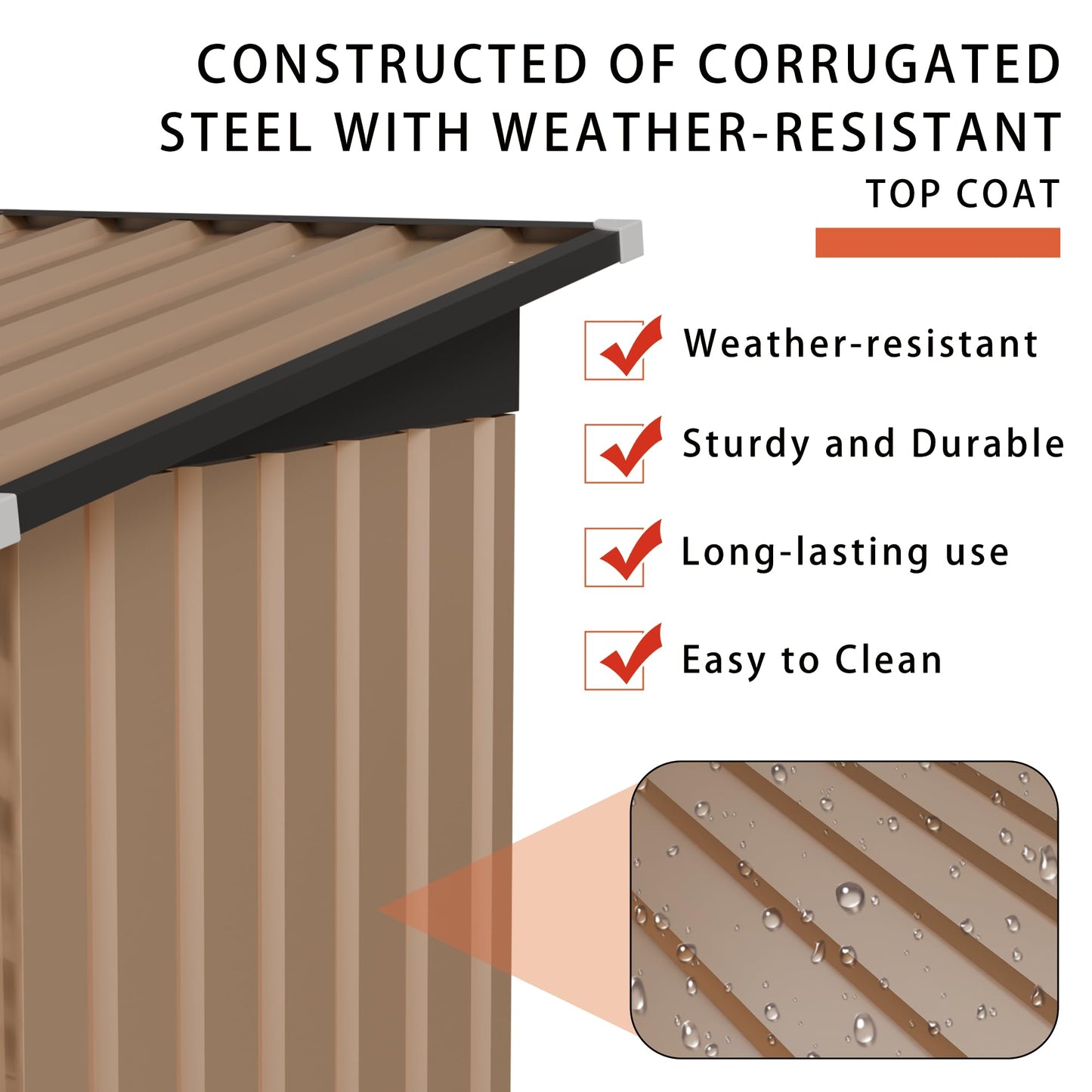 KEIKI 4.27x2.42 FT Lean-to Metal Storage Shed, Outdoor Garden Storage Cabinet w/Pent Roof & Lockable Door, Backyard Storage House w/Side Hinged Door for Patio Lawn Equipment Bike Storage, Brown