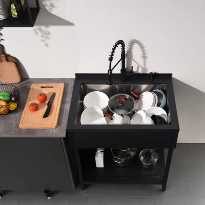 Bokaiya Black Stainless Steel Utility Sink Free Standing, Large Freestanding Laundry Sink with Faucet 16 Gauge Single Bowl Outdoor Commercial Sinks for Restaurant Garage (30.7" x 21.6" x 35")