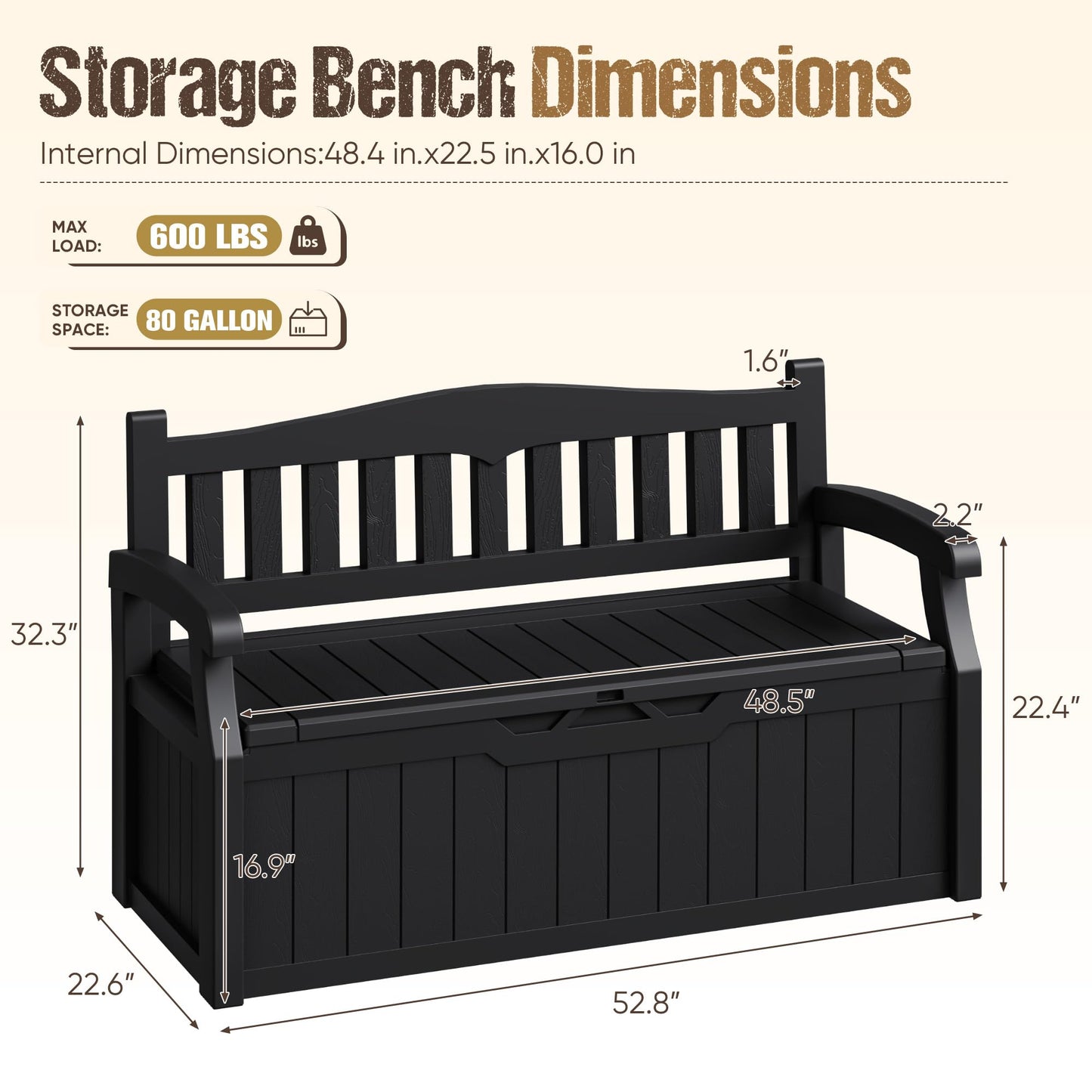 Acurax 80-Gallon Outdoor Storage Bench, Waterproof Deck Box with Lockable Lid & Armrests for Patio, Garden, Pool, Black