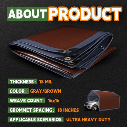 RAINDEWAY 12x30 Feet Super Heavy Duty Tarp 18 Mil, UV Resistant, Weatherproof, Multipurpose Waterproof Poly Tarp with Grommets and Reinforced Edges, Brown/Gray Tarps