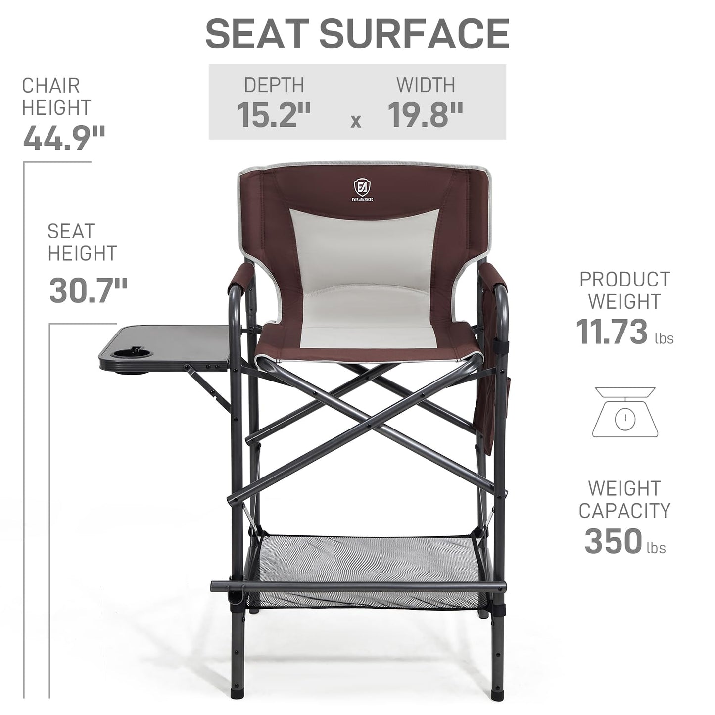EVER ADVANCED 30.7" Seat Height Directors Chair for Makeup Artist with Side Table Easy Get in Out for Elderly Tall Camping Chair Supports 350lbs Red