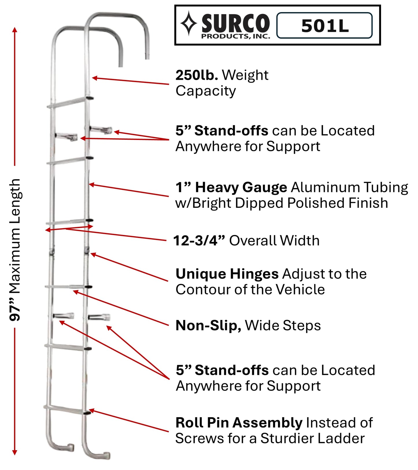 Surco 501L Universal RV/Motorhome Hinged Aluminum Exterior Ladder - Compatible with all RVs Regardless of Make or Model; Brite Dipped Polished Finish