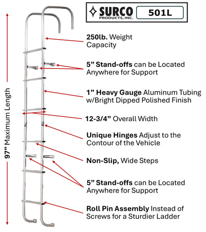 Surco 501L Universal RV/Motorhome Hinged Aluminum Exterior Ladder - Compatible with all RVs Regardless of Make or Model; Brite Dipped Polished Finish