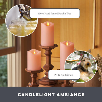 Matchless Candle Co. by Luminara - Flameless LED Battery Operated Flickering Pillar Candles - Pastel Pink - Set of 3 - Indoor Outdoor Decor Safe