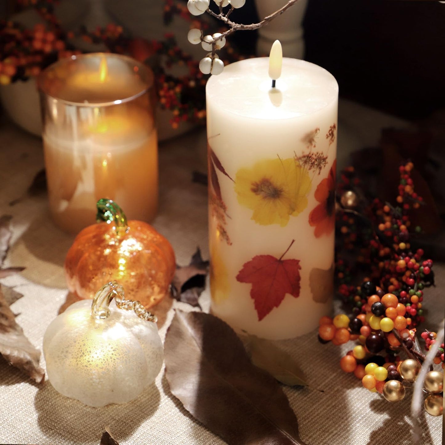 Fall Flameless Candles with Real Maple Leaf & Marigold Embedded Pillar Candles Battery Operated with Remote (3" × 6") - Straight Edge, Real Wax, Unscented - Ideal for Thanksgiving Decorations