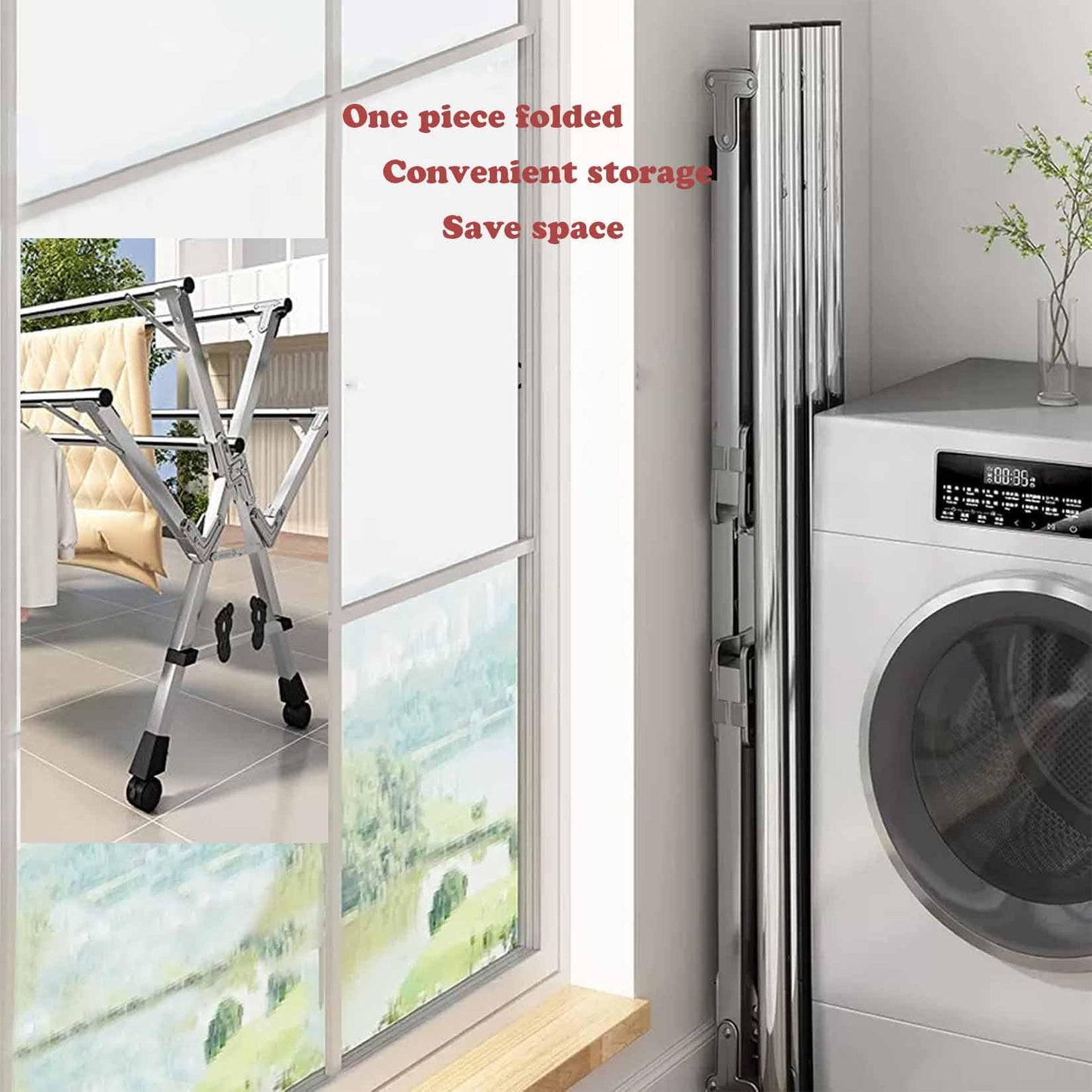 GRPDMDM 5Poles Folding Clothes Drying Rack,Stainless Steel Laundry Rack with Wheels, Blanket Rack,Clothe Sline, Extendable,with Windproof Hooks,for Indoor Outdoor