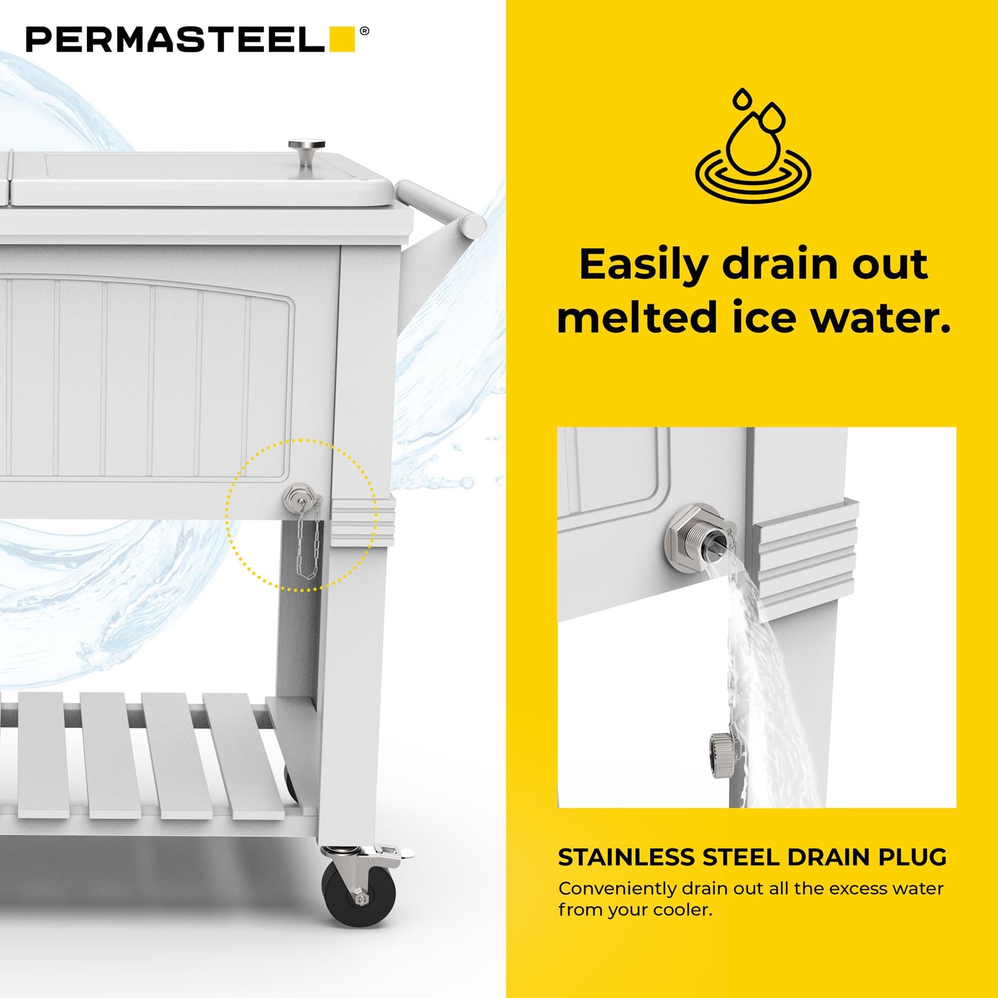 Permasteel Party Cooler with Divider, Spacious 80-Qt Capacity, Chills 36hrs, Serving Tray, Rolling Ice Chest for Indoor and Outdoor Entertainment, Matte White